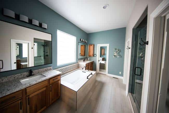 bathroom with bathtub, vanity, and steam shower